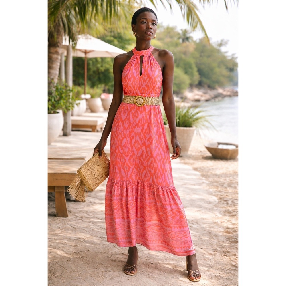 Cleobella Womens Janice Satin Halter Dress  M Jaipur Ikat Ankle Pink Orange‎ NWT